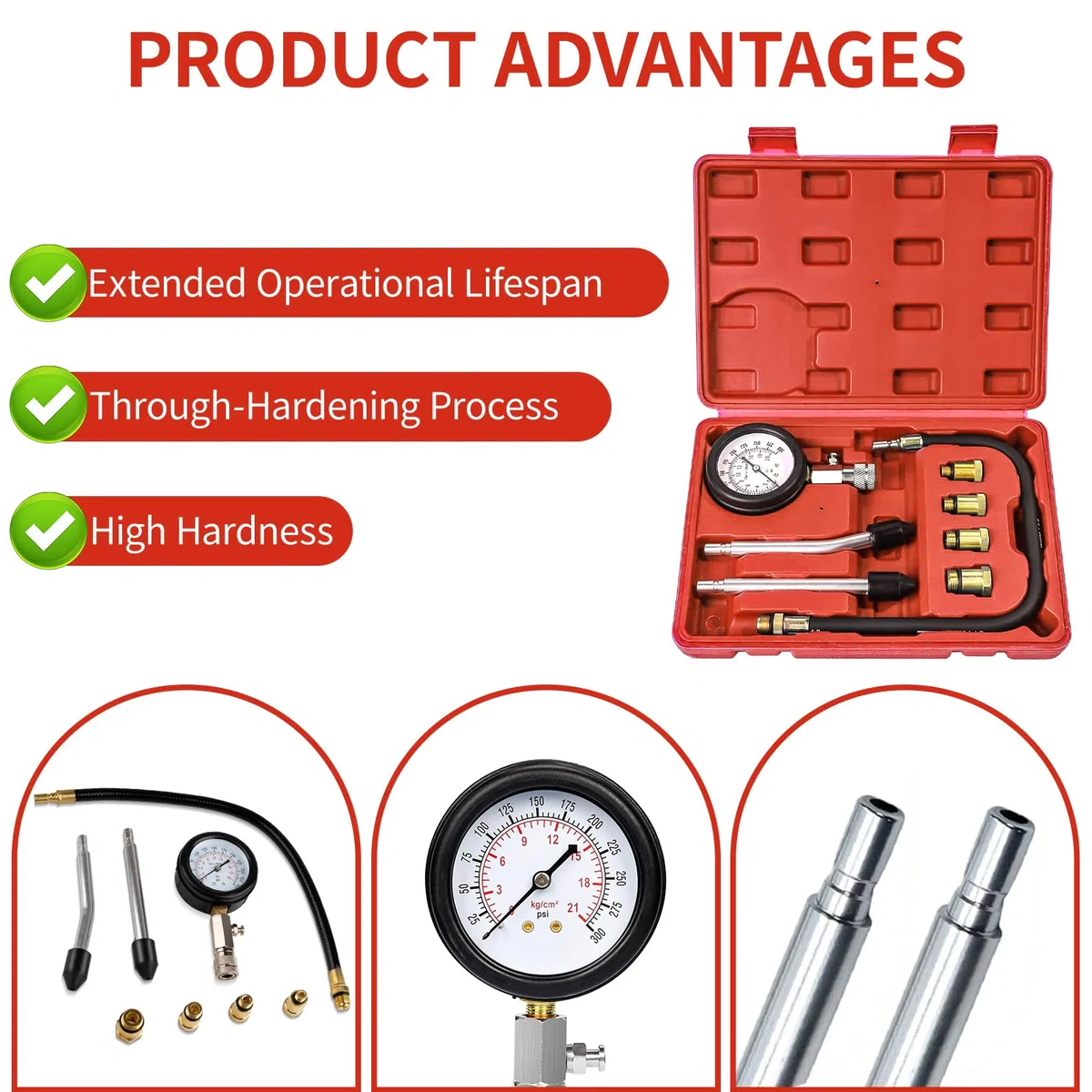 Zorplex Probador de Compresión de Motor Kit, Comprobador de Compresión 0-21 Bar / 0-300 PSI con Manómetro y Probador de Bujías, M10 M12 M14 M18, para Automóviles, Motores de Gasolina (Rojo)