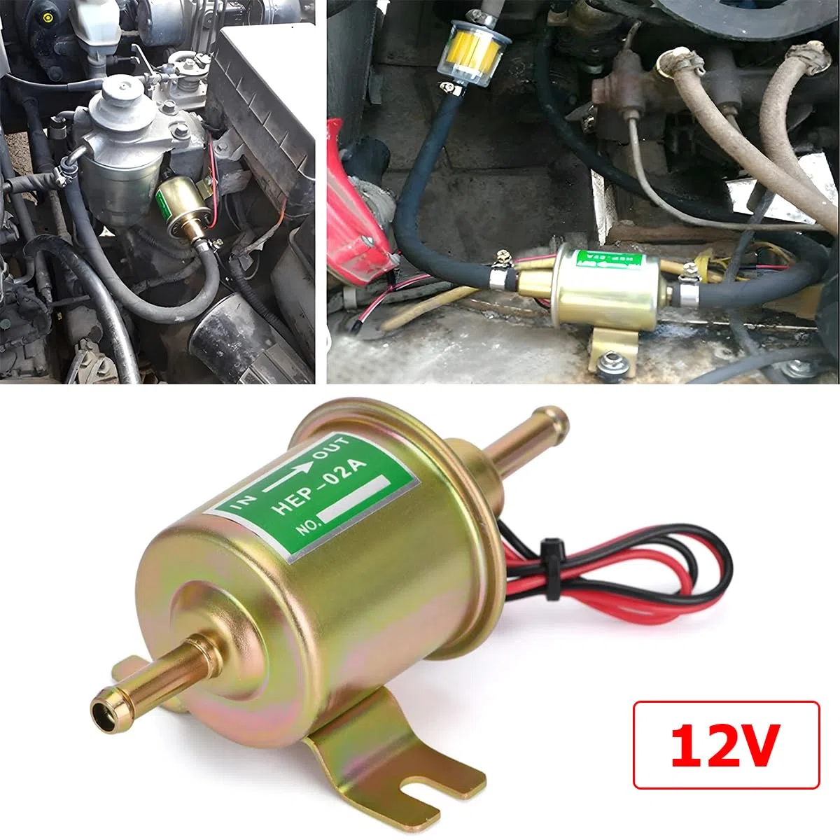CGEAMDY Bomba De Combustible Eléctrica Universal, Bomba Dosificadora De Combustible, Eléctrica 12V Bombas De Combustible HEP-02A, Para Todos Los Automóviles, Carburador, Gasolina, Diesel (Oro)