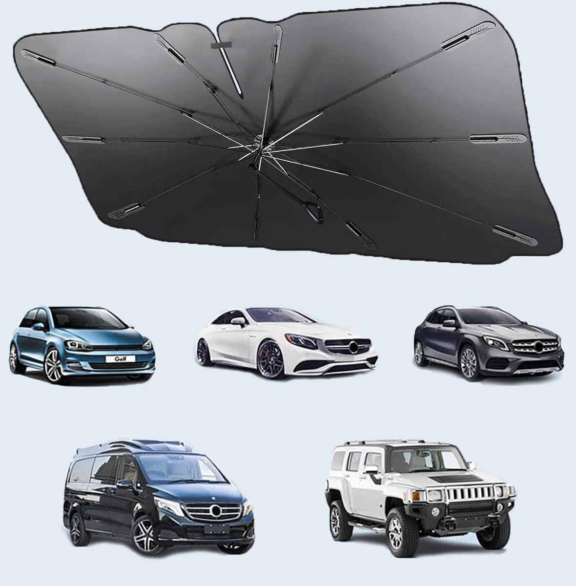 Parasol Coche Delantero Tipo Paraguas, Sombrilla Plegable con Protección UV Total, Bloqueo de Calor Térmico para Parabrisas. Reflector Solar Universal para Coche, SUV y Camioneta