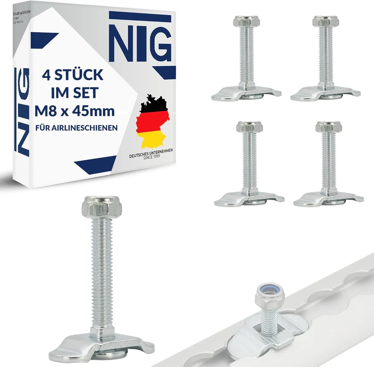 4 piezas | Accesorios de tornillo para carril aerolíneas | M8 x 45 | 500 daN | Fitting | Rieles de amarre | Herrajes finales | Accesorios finales