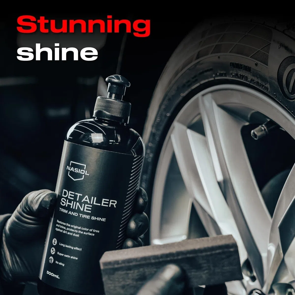 Abrillantador Neumáticos y Plásticos Exteriores | Nasiol DetailerShine | Abrillantador de larga duración para neumáticos y plásticos exteriores. Acabado satinado natural. Repele polvo y suciedad.