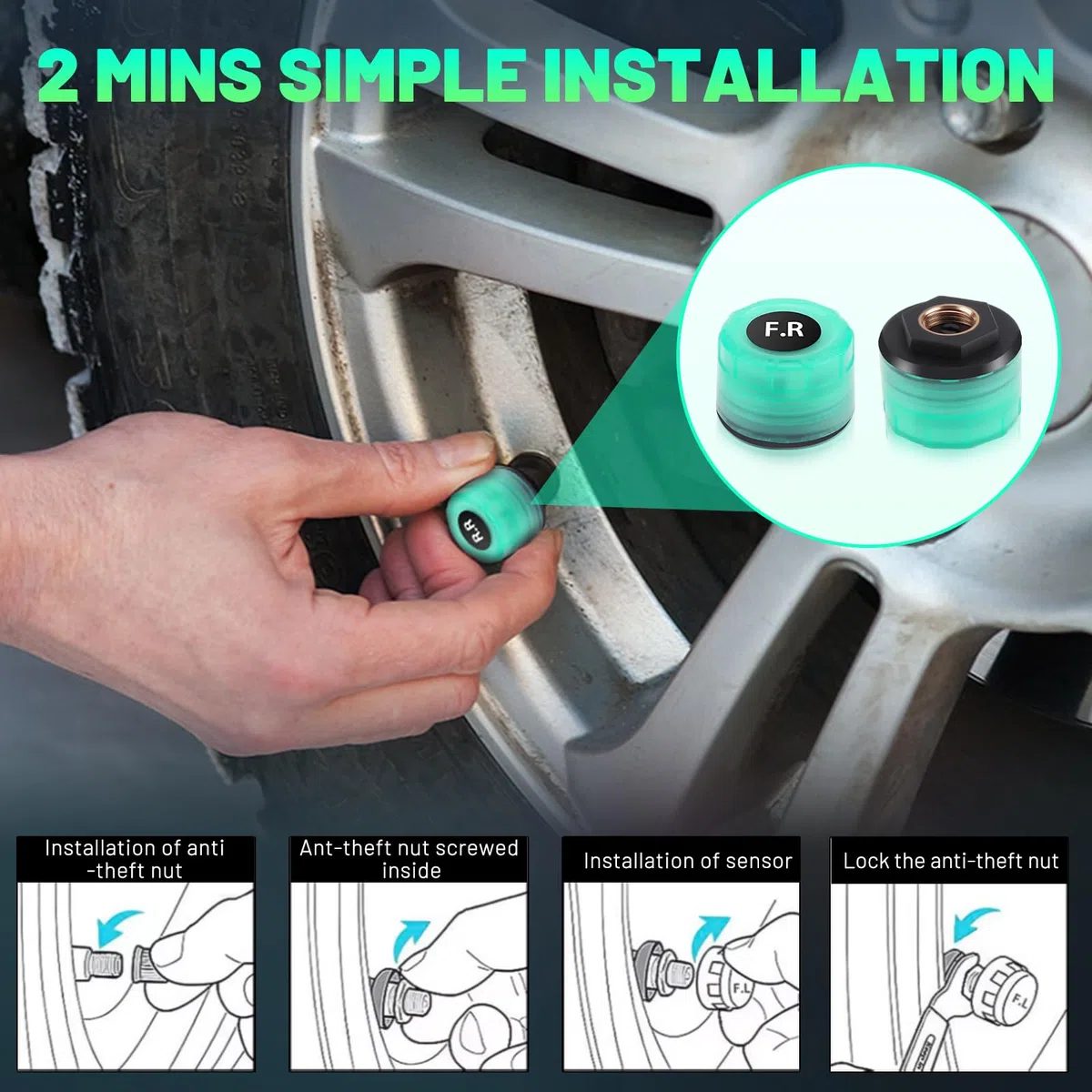 TPMS Sistema de control de presión de neumáticos 6 Bar, monitor de presión de neumáticos solar con sistema de alarma con 4 sensores iluminados para camiones y autocaravanas