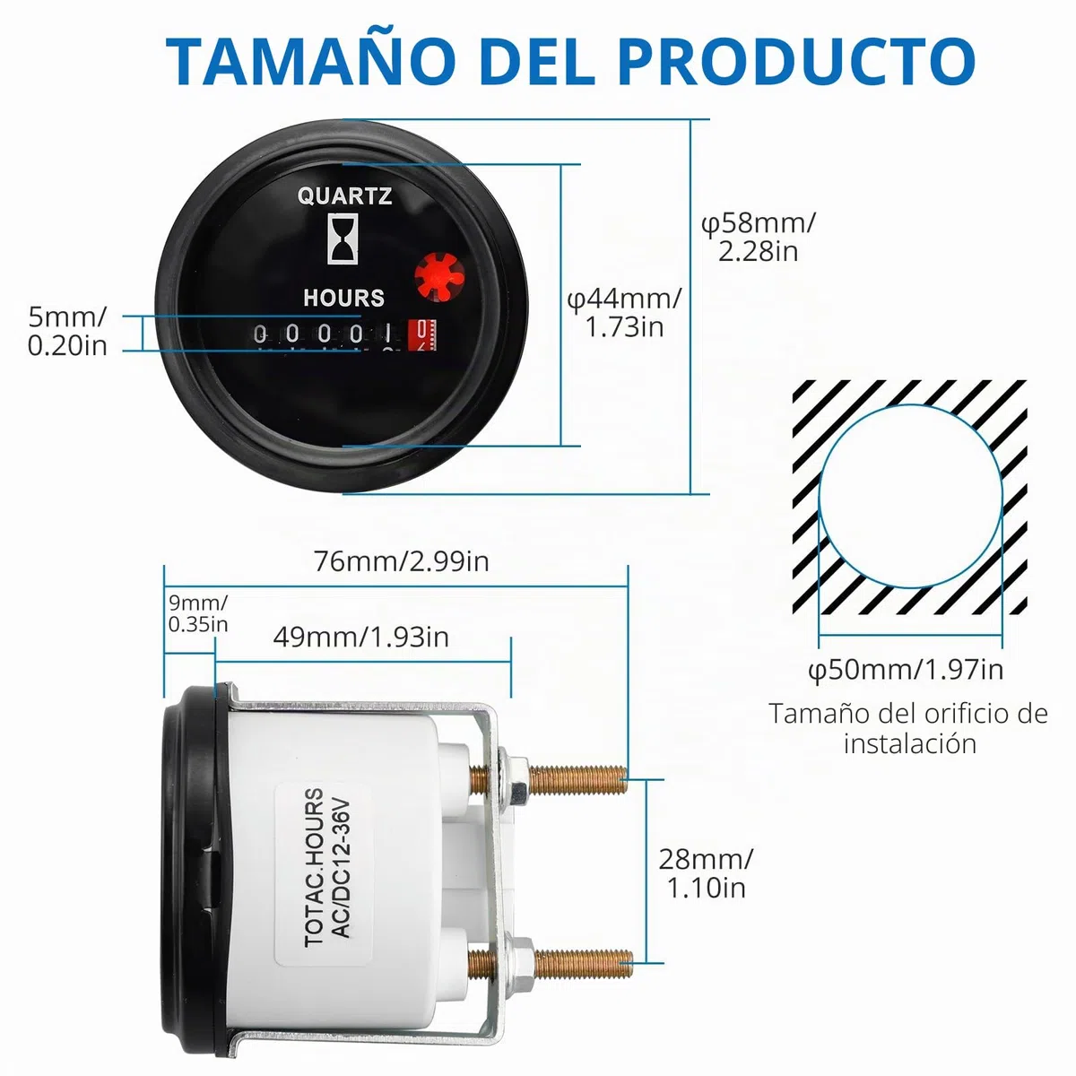 AUTOUTLET Medidor de horas de cuarzo de 6 V-80 V, 12 V, medidor de horas industrial con soporte de metal antivibración, diseño de cuarzo impermeable para uso en interiores y vehículos