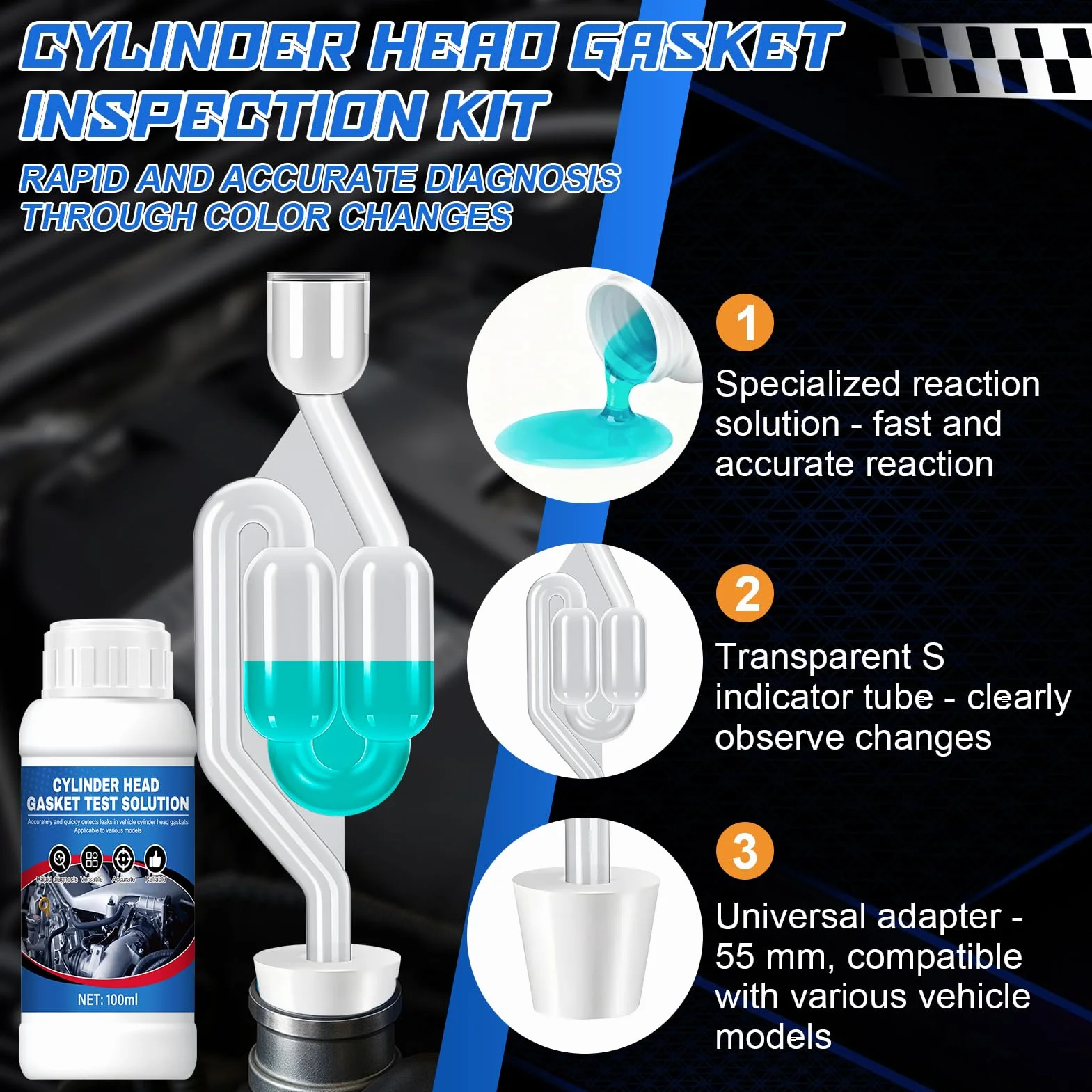 Detector de Culata CO2, Comprobador Junta Culata, Kit Universa Probador de Junta Culata para 50 Pruebas, Diagnóstico Rápido y Fiable para Motores Coche y Motocicletas, 100ml