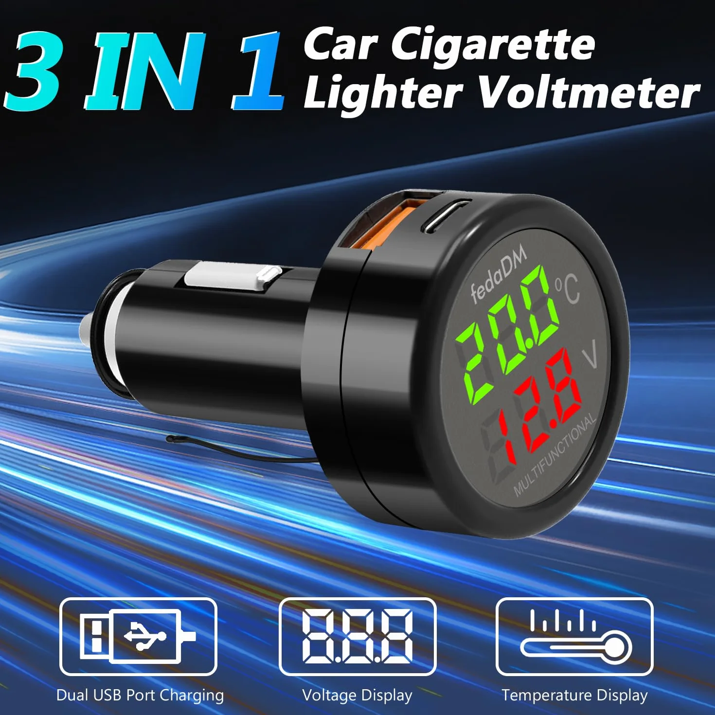 Cargador USB QC3.0+PD3.0 para coche, voltímetro, termómetro con pantalla digital LCD, probador de temperatura, voltaje, monitor de batería, adaptador USB para encendedor de coche, 12 V-24 V