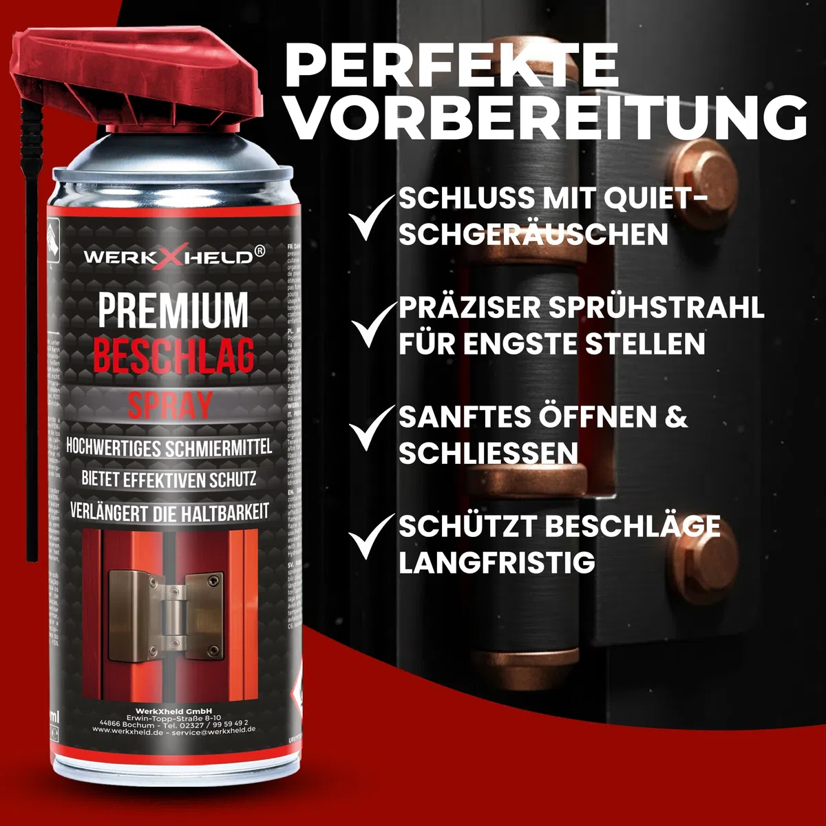 WerkXheld Aerosol para ventanas y puertas – 400 ml, lubricante para ventanas y aceite, optimizado para herrajes de ventanas, cuidado y protección a largo plazo
