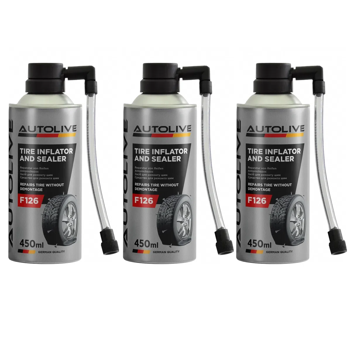 AUTOLIVE Líquido Antipinchazos para el Coche - para Reparar Neumáticos sin Cámara - Sella Agujeros de hasta 5 mm - Evita la Desestabilización del Vehículo - Spray Repara Pinchazos - 450 ml (3)