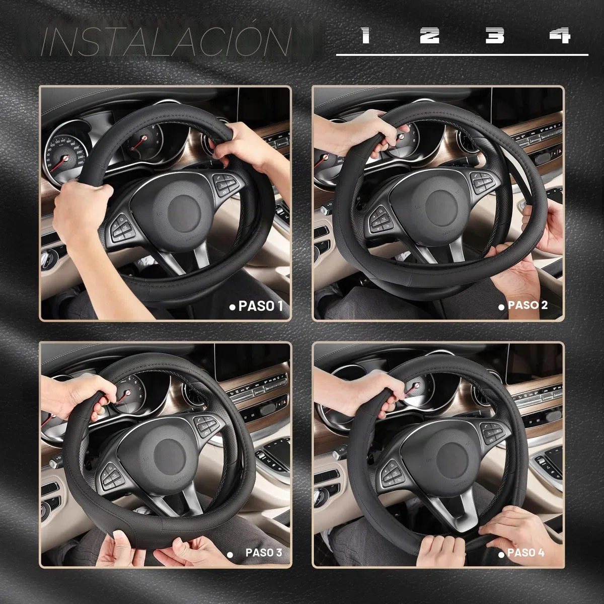 SEG Direct Funda de Volante para Coche, tamaño estándar Medio 37-39 cm, Accesorios Interiores de Coche, Microfibra Cuero Negro