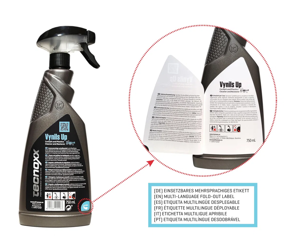 Tecnoxx Vynils Up Limpiador de Salpicaderos e Hidratador de Plásticos Interiores - Abrillantador con Aroma a Vainilla y Coco, Protección UV, 750 mL con pulverizador, brillo natural acabado no pringoso