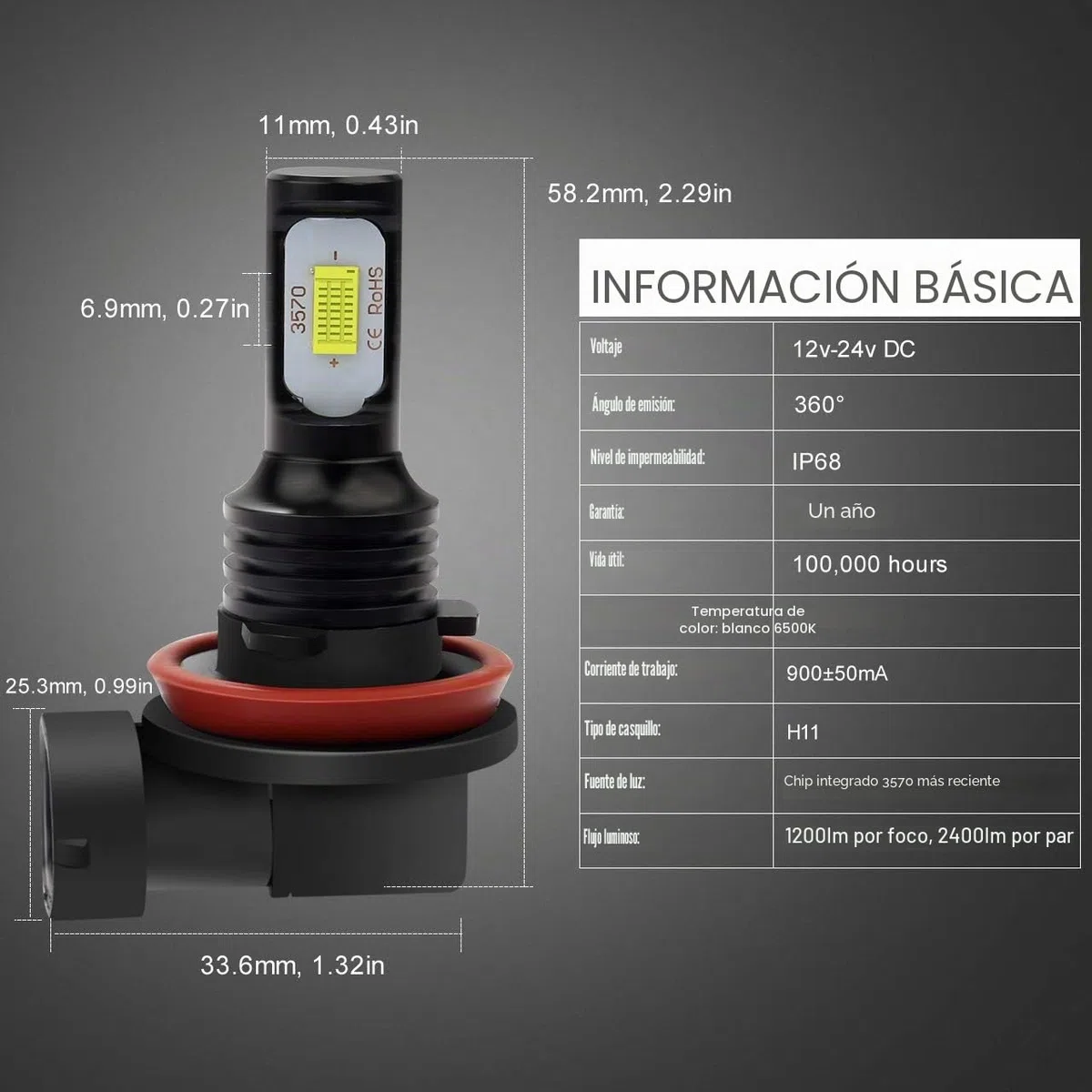 KATUR Bombillas de luz antiniebla LED H11 H8 H9 3570 Chipets Extremadamente Brillantes 2400 lúmenes Solo para luz Diurna DRL o Luces antiniebla, Blanco xenón (H11, H8, H9 H16 (Japón) Blanco)