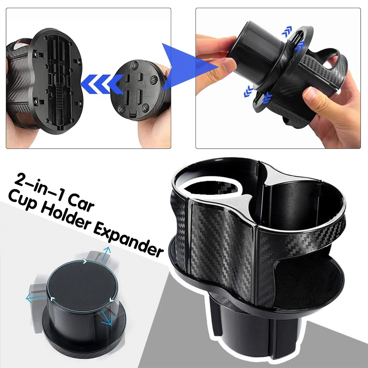 Reofrey Adaptador expansor multifuncional 2 en 1 para portavasos de coche, soporte doble universal con soporte ajustable, boca elástica de apertura y cierre, se adapta a la mayoría de botellas y tazas