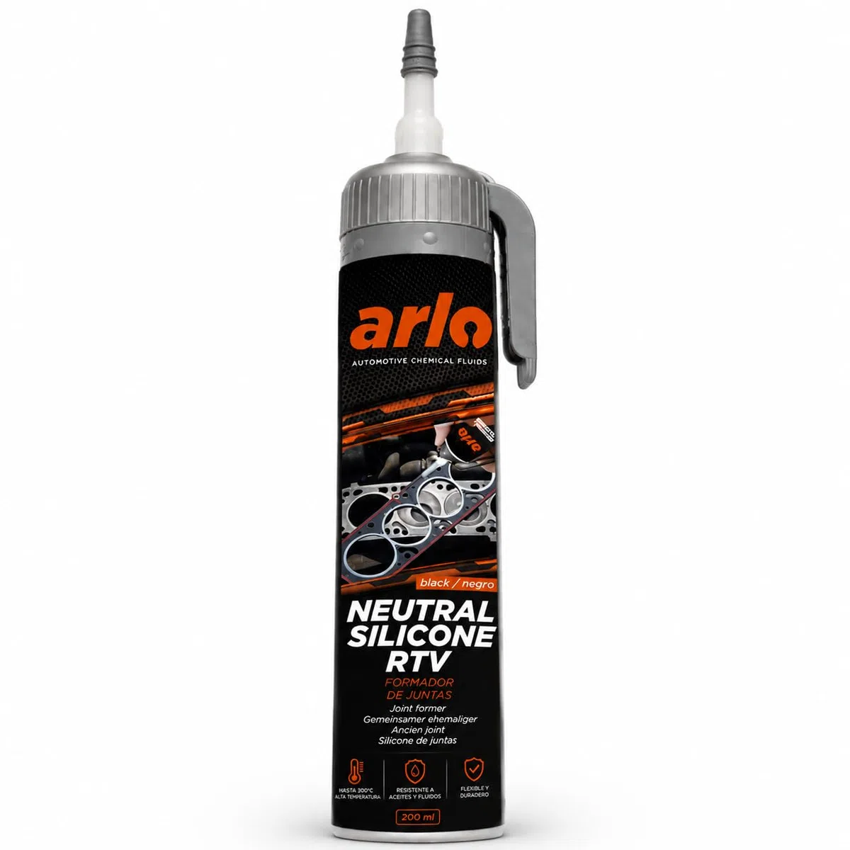 Arlo Formador de Juntas Silicona RTV Alta Temperatura para Motor y Cárter, Sellador Negro 200 ml