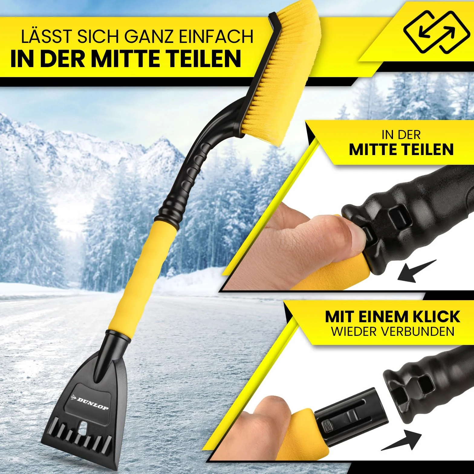DUNLOP Rascador de hielo para coche con escoba, rápido hielo y nieve, con microlabio especial de 105 mm de ancho, elimina suavemente el parabrisas telescópico
