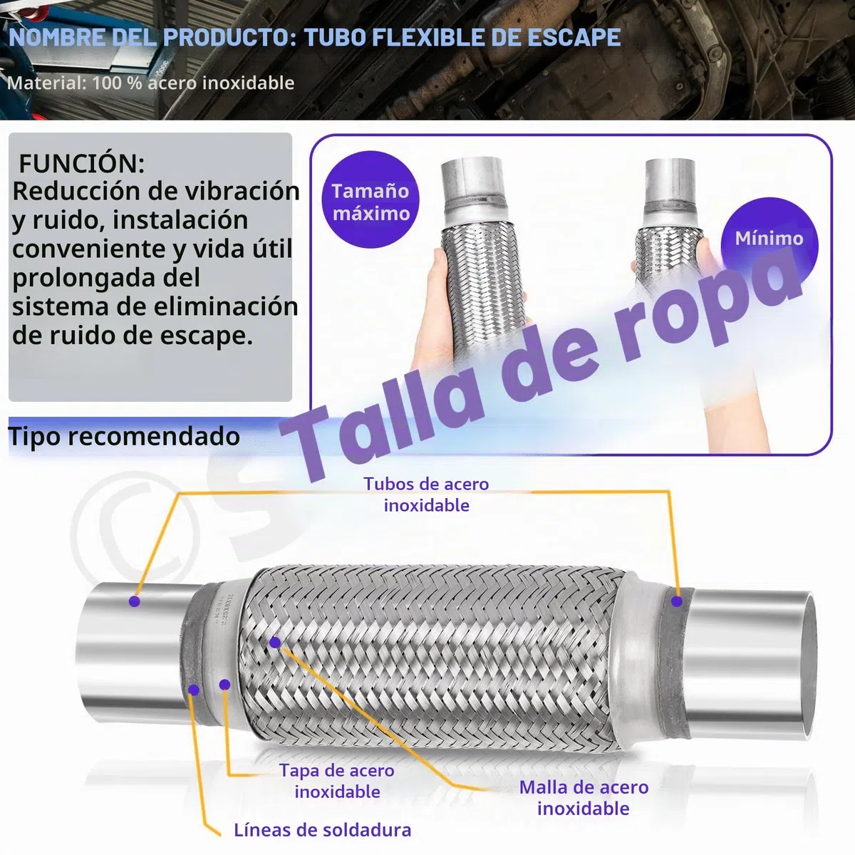 Swpeet 3 piezas tubo flexible de escape de 2,5 x 6 pulgadas con kit de abrazadera en U de escape de 2,5 pulgadas, tipo universal de acero inoxidable de doble trenza, tubo flexible de escape ideal para