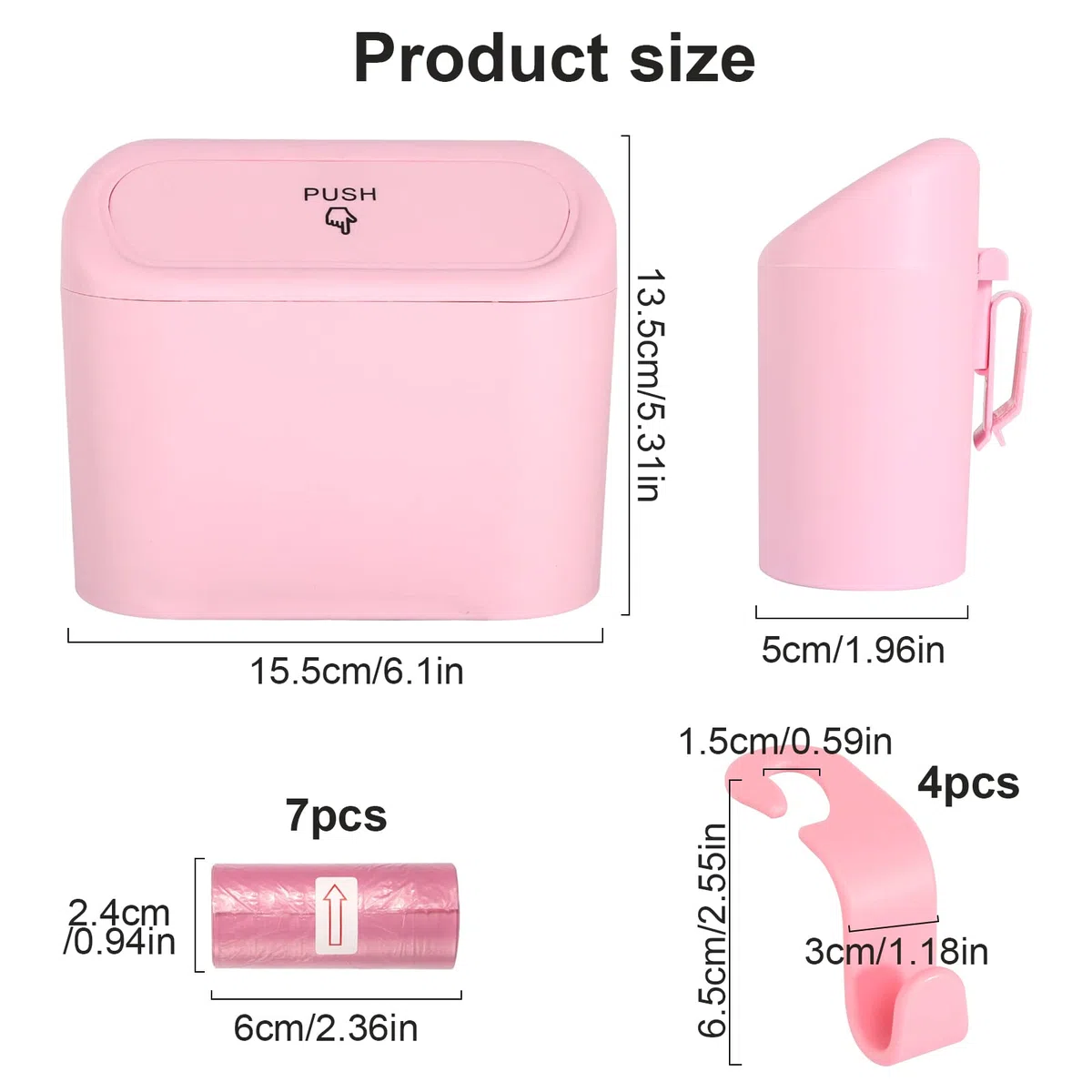 DUTIFUL Cubo de basura pequeño para coche, con tapa, con 105 bolsas de basura y 4 ganchos para asiento de coche, accesorios para almacenamiento y organización