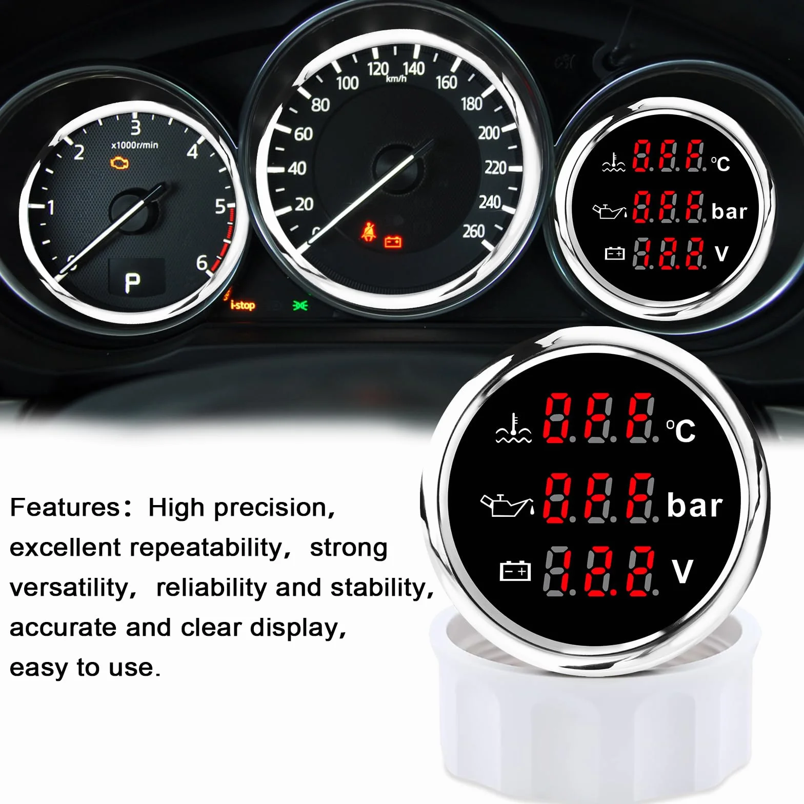 Geloo 52mm calibre 3 en 1 coche barco refrigerante temperatura del agua presión de aceite indicador de nivel de combustible con alarma para coche barco yate marino