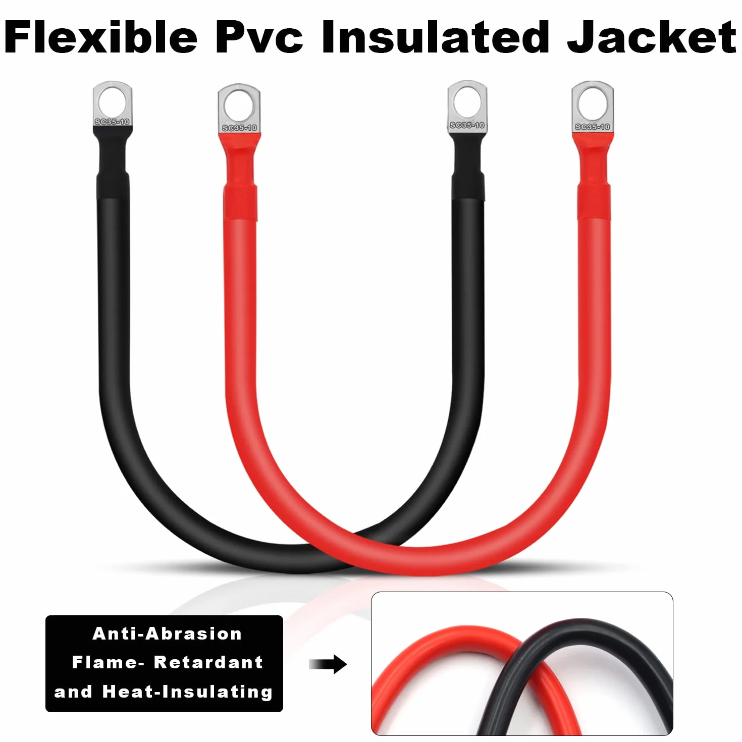 Cables de Batería 35mm² 2AWG, 2Pcs Bateria Cables Inversores, Cable Arranque Bateria Coche con Terminales de Anillo, para Solar, Camión, Motocicleta, Marino, RV