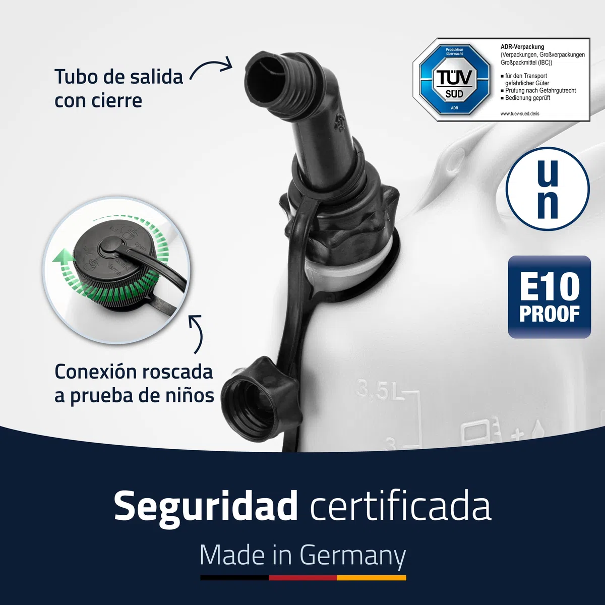hünersdorff bidón doble/bidón combinado para combustible y aceite con 2 tubos de salida, 3 + 1,5 litros, homologación ONU, Made in Germany
