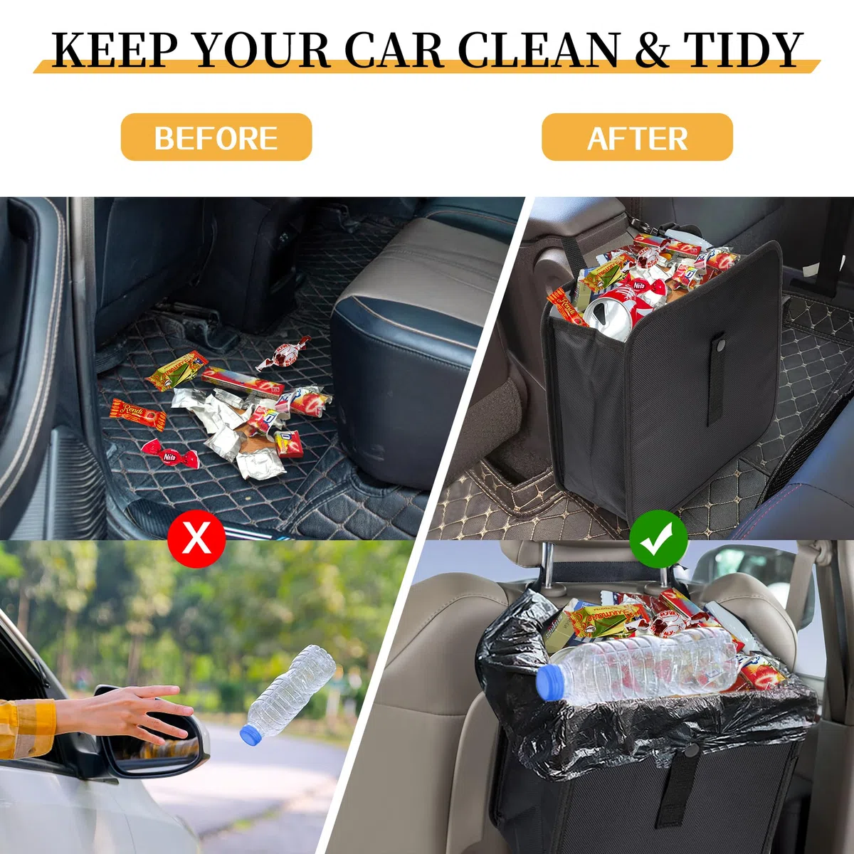 Cubo de Basura para Coche Colgante Contenedor de Basura Plegable Portátil Bolsa de Basura para Coche Impermeable A Prueba de Fugas Basura Caja para Automóvil, SUV, Camión, Minivan 12L (Negro)