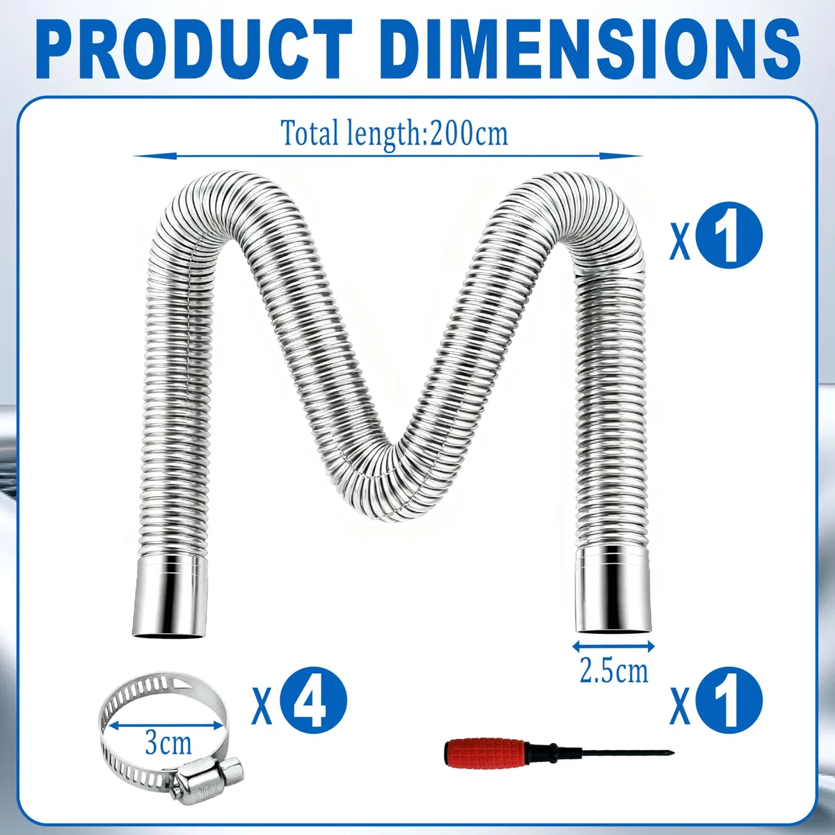 Tubo de escape de 200cm, Tubo de escape flexible portátil de 25mm en acero inoxidable, con 4 pinzas de acero inoxidable y herramienta de montaje práctica, para Calefacción de coche diesel