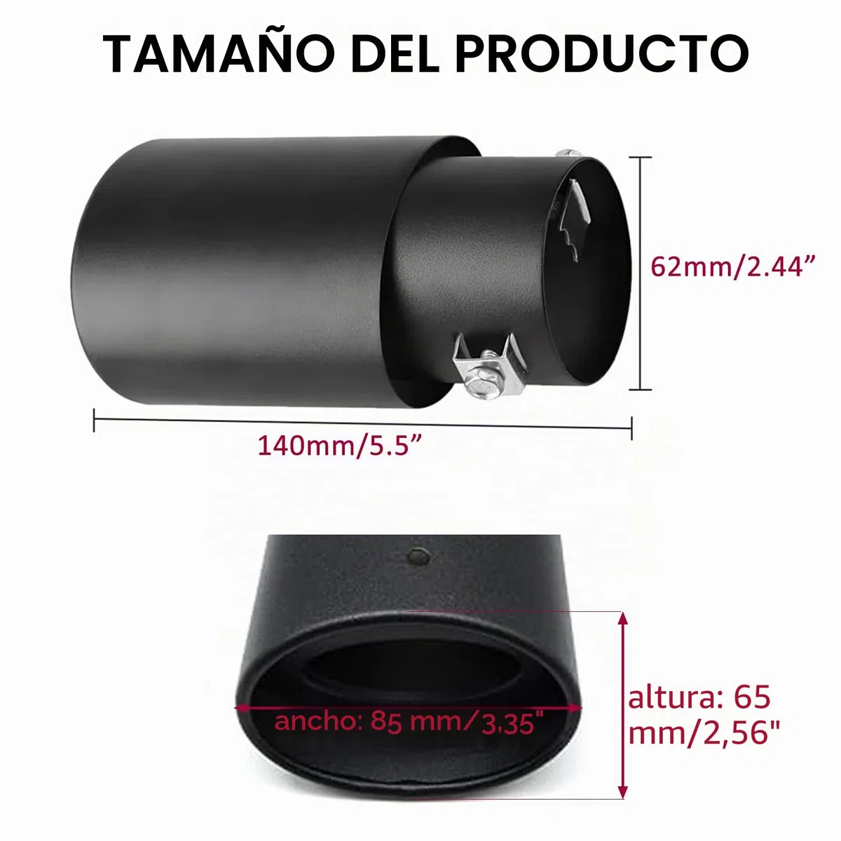 1 x 62 mm Tubo de escape de acero inoxidable Trim Car Tip Tail silenciador Cola garganta negra para Universal Auto Styling
