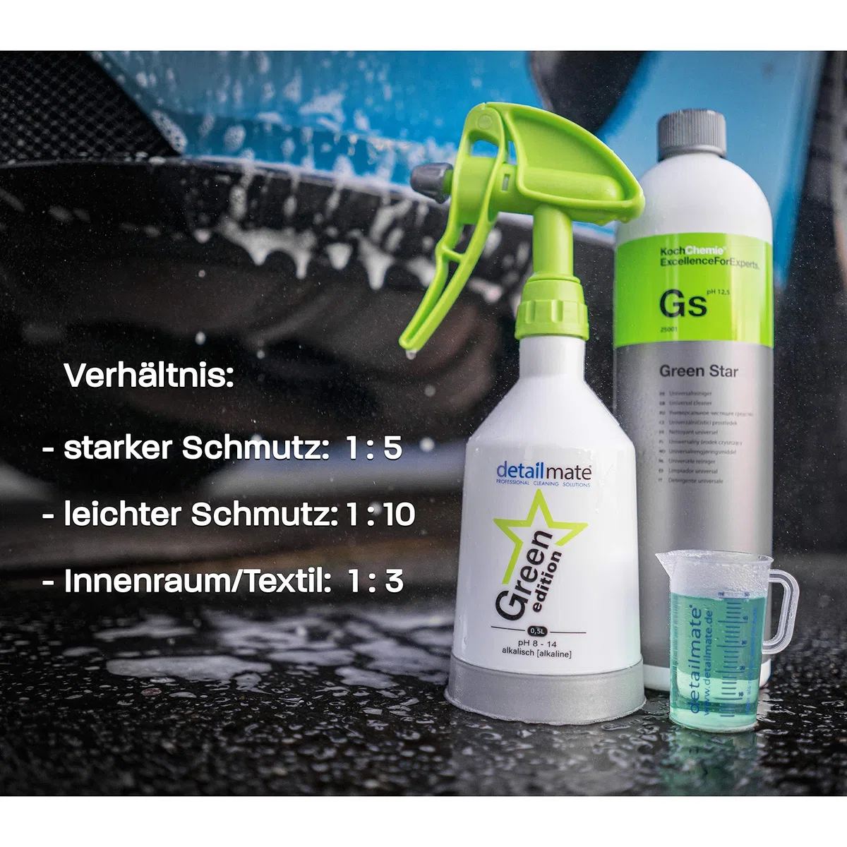 detailmate Green Star Set: Koch Chemie GreenStar - Limpiador universal de 1 L para coche y talleres industriales + pulverizador Kwazar Mercury, edición verde, 0,5 L, apto para pH 8-14