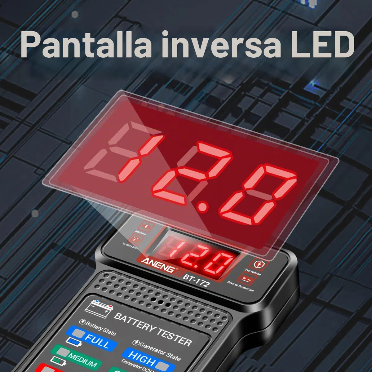 ANENG Comprobador de Batería de Coche,12V,Comprobador Digital de Batería de Coche,Analizador de Carga de Alternador con Pantalla LCD y LED,Indicador de Voltaje Para Coches y Herramientas Eléctricas