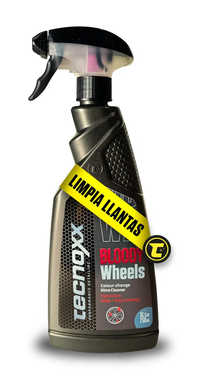 Tecnoxx Bloody Wheels – Limpia llantas descontaminante férrico profesional con efecto sangrado | Sin frotar, elimina óxido, polvo de freno y suciedad | Seguro para todo tipo de llantas – 750mL