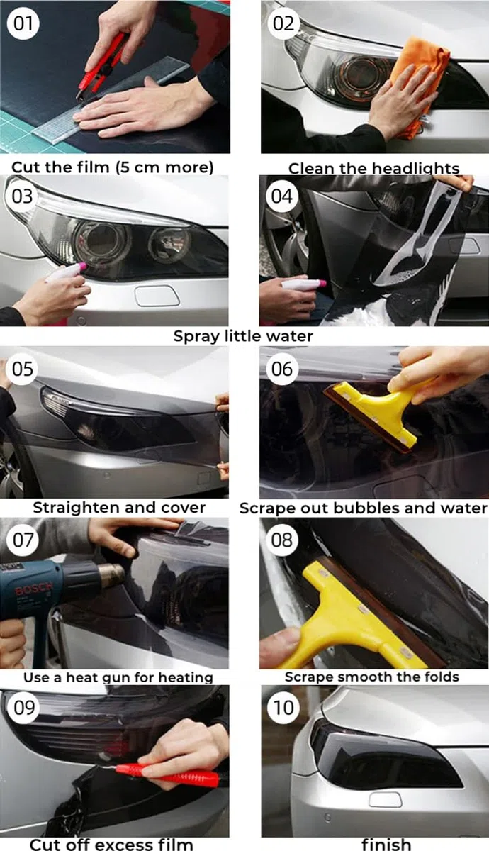 Láminas para Faro,30 * 300cm,PVC Protector Film Autoadhesivo Vinilo Pegatina para Faros de Coche,Película de Luz para Automóvil,2 raspadores,1 Cuchillo de trinchar-Negro