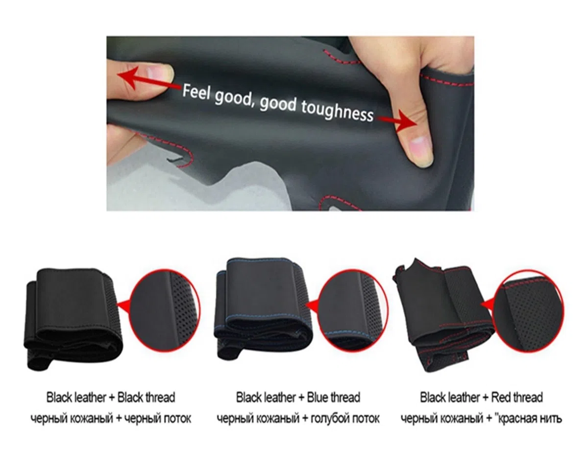 Funda Volante Coche Para Seat Para Leon MK1 (1M) 1998-2005 Para Skoda Para Fabia RS 2003 Para Fabia 1 (6Y) 2004-2005 Protector cuero artificial negro para volante coche Cubierta de Volante(Red Thread)