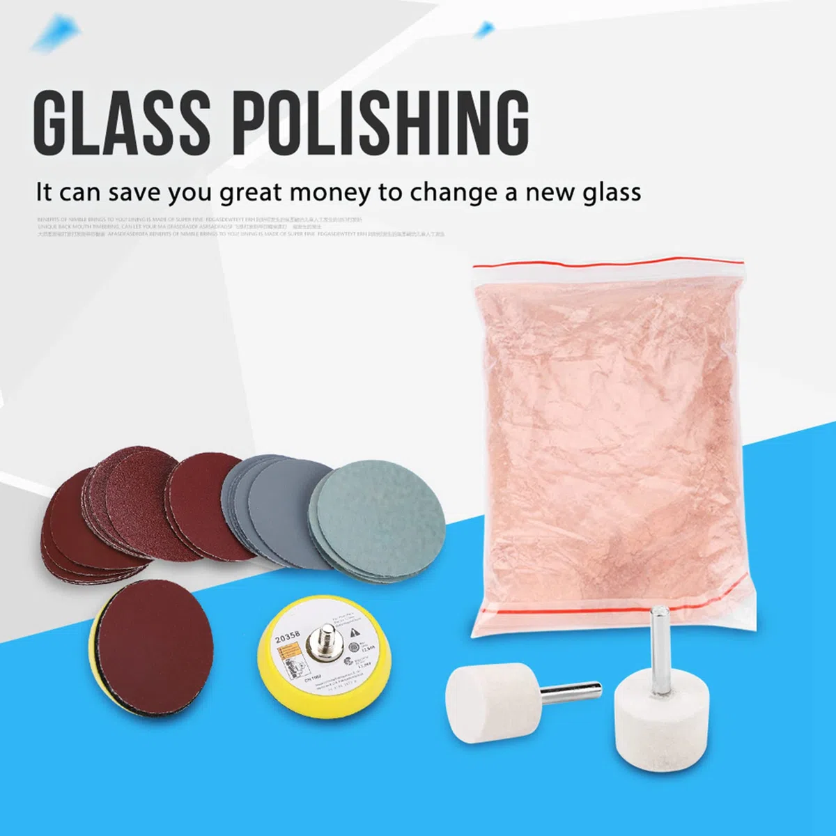 Kit de Pulido de Vidrio, Kit de Bricolaje para Pulir Vidrio y Parabrisas, Juego de Eliminación de Rayones de Papel de Lija Discos Abrasivos de Dióxido Ceric Almohadilla de Pulido