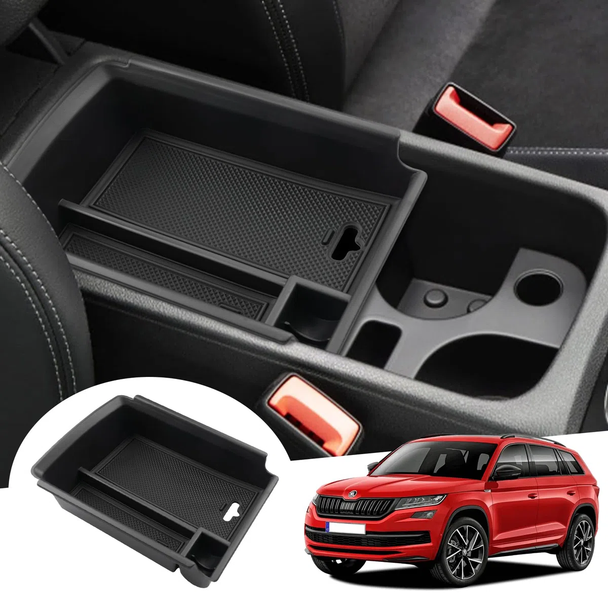GAFAT Compatible con Skoda Kodiaq 2017-2023/ Karoq 2017-2024 Caja de Almacenamiento para Consola Central, Karoq 2024 Reposabrazos Organizador para la Guantera, Kodiaq Accesorios (Negro)