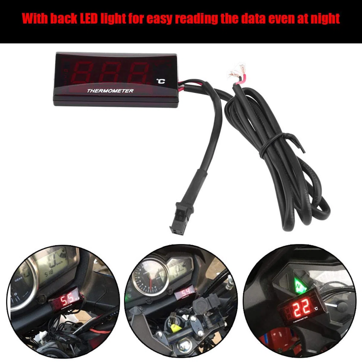 Yctze Termómetro universal para motocicleta de 12 V, 0-120 ℃ Termómetro digital para motocicleta Luz de fondo LED Medidor de temperatura del agua para scooter de carreras