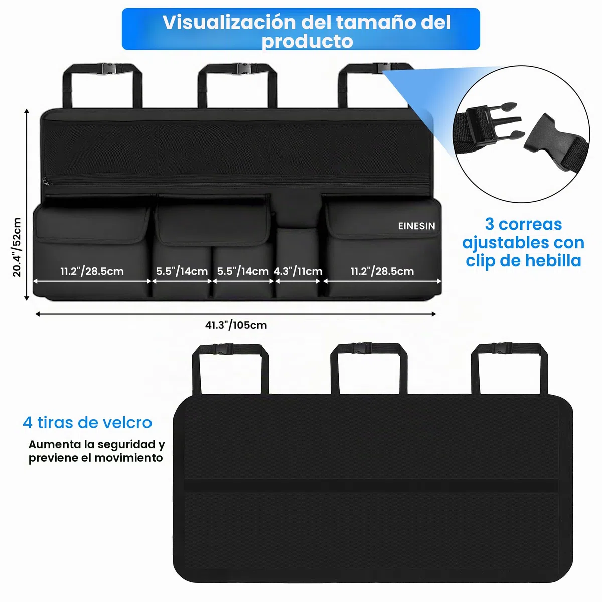 Einesin Organizador Maletero Coche Colgante con 9 Bolsillos, organizador Furgoneta, Organizador Coche Impermeable Plegable,105 x 52 cm