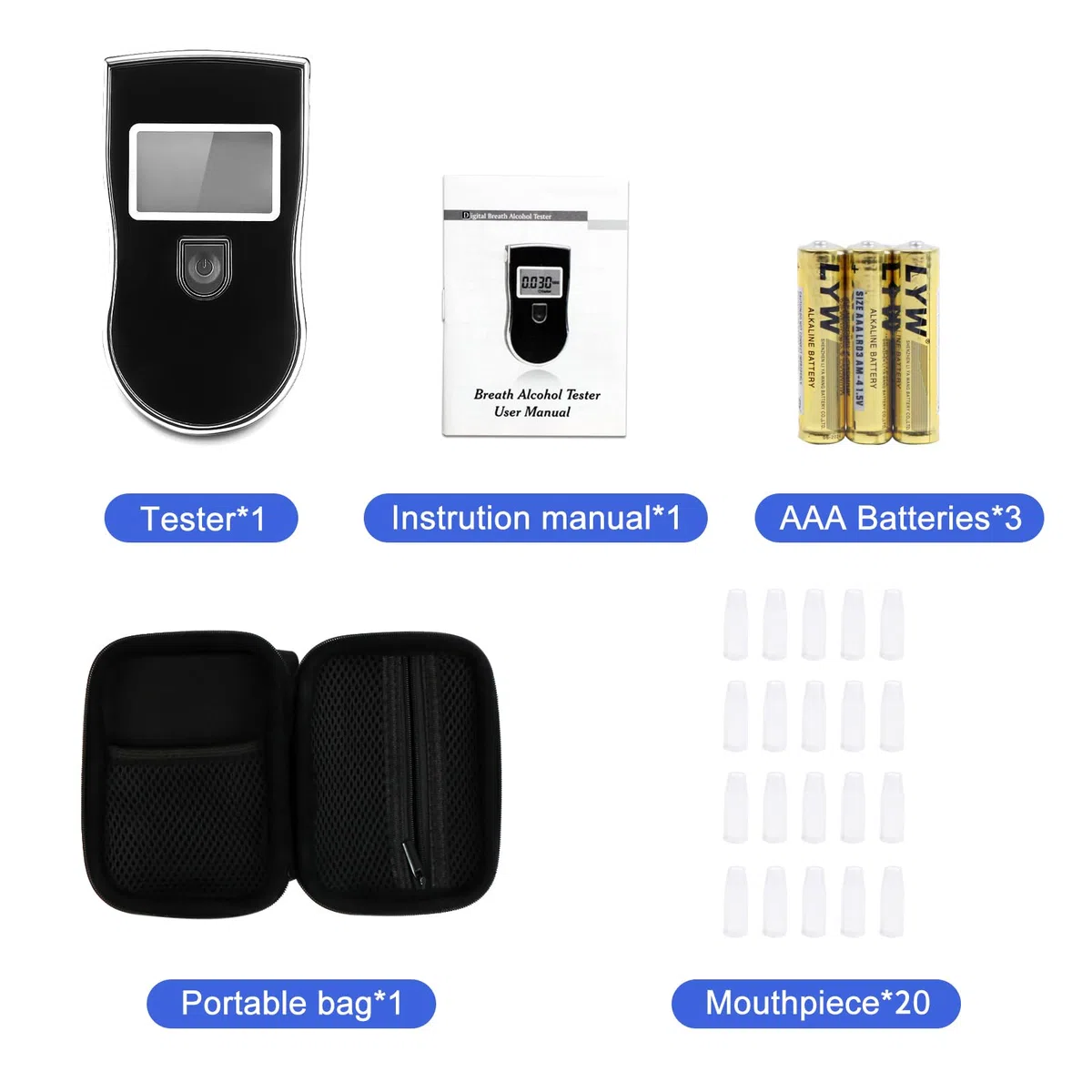 Alcoholimetro Digital Homologado, Profesional Portátil de Alcohol con Pantalla LCD, Semi-Conductor de la Tecnología de Sensor, 20 Boquillas, 3 baterías AAA