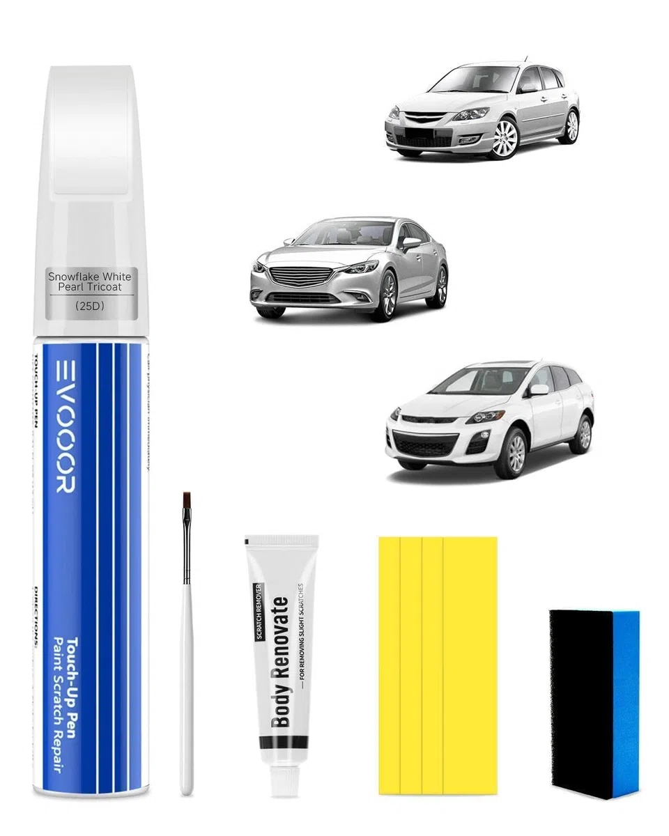 (25D Snowflake White Perla Tricapa Kit de retoque de pintura para automóvil 2 en 1 con removedor de arañazos para Mazda, Reparación de arañazos para auto, Solución rápida y fácil para reparar