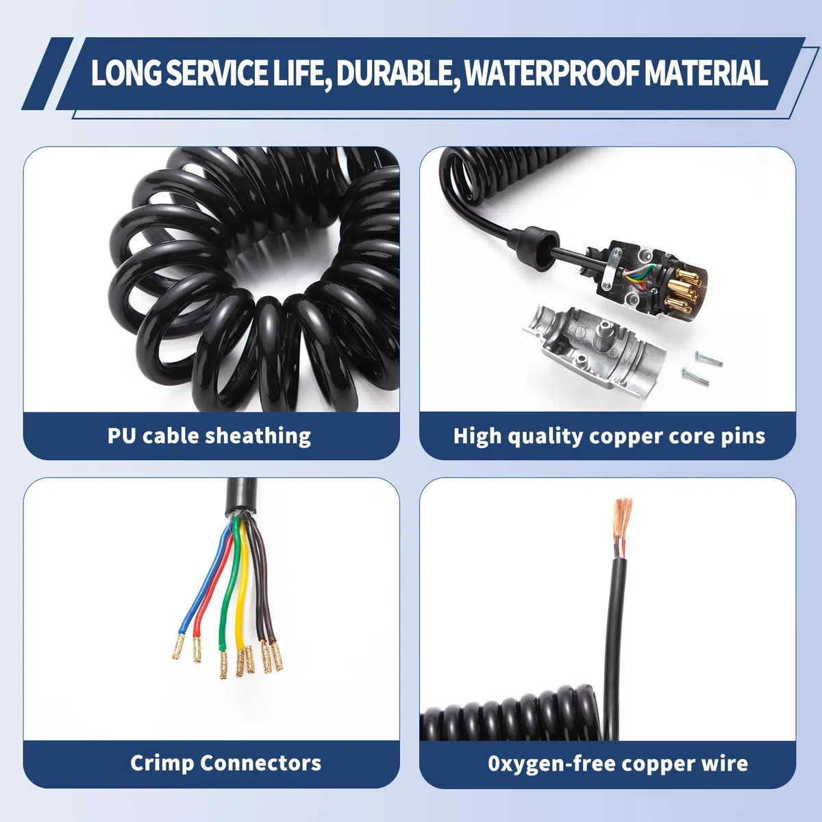 3,7m Cable Extensión Remolque 7 Pines, Espiral Remolque, Norma ISO 1724, Enchufe Macho de Aluminio, Núcleo de Cobre Puro Carcasa de PU, para Vehículos Europeos, Remolque, Yate, RV 12V/24V