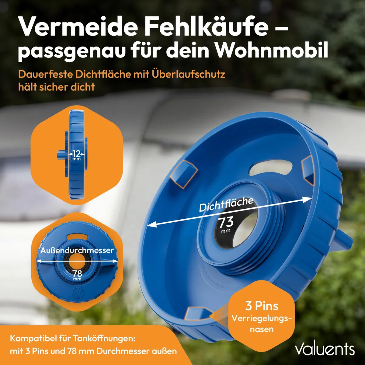 tapón depósito de agua – 3 pines 78mm diámetro – blanco – para autocaravana con manguera para boca de llenado de agua +Plus: Adaptador de manguera