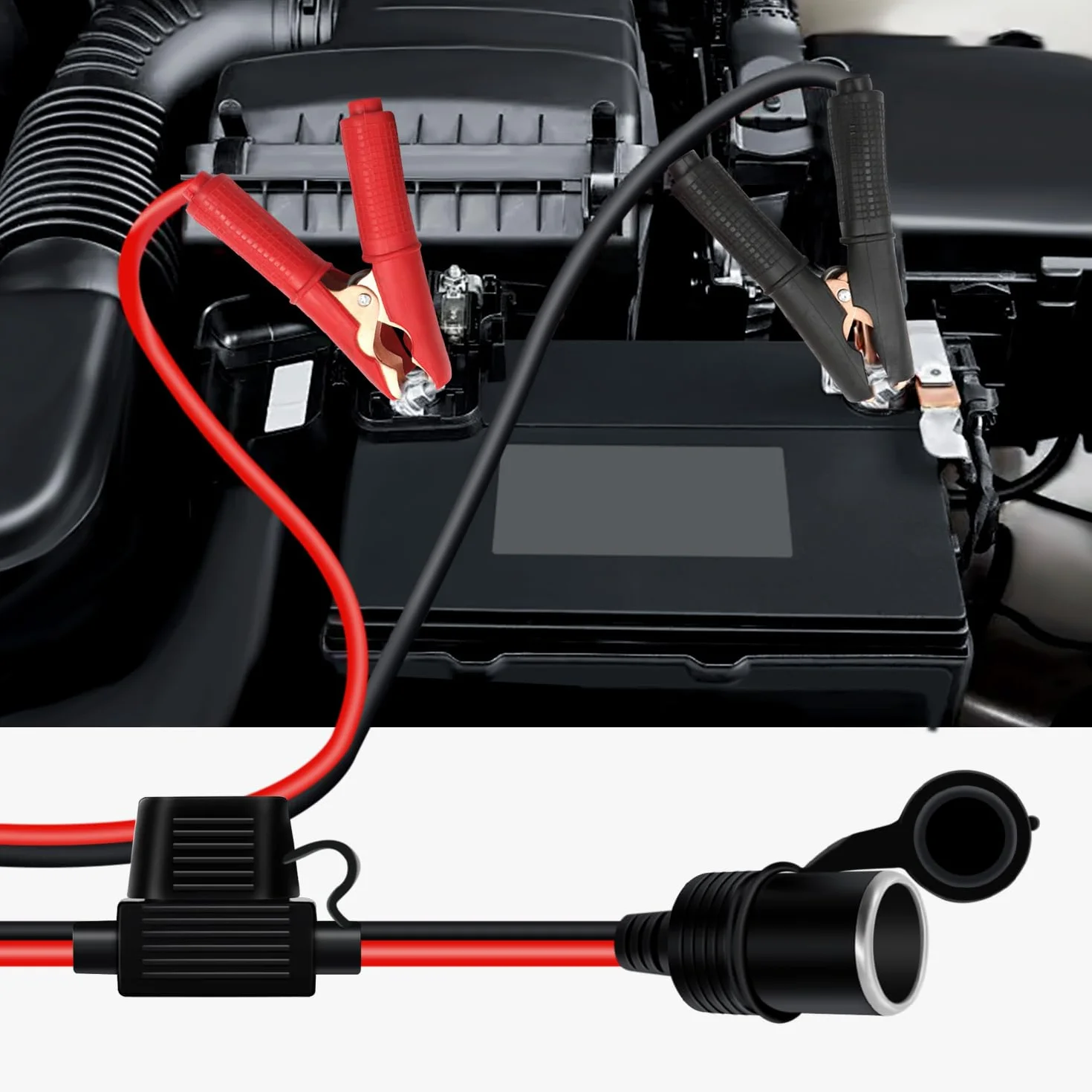 Pinzas de Bateria a Encendedor de Cigarrillos 12V 24V 14AWG Cable con Pinza de Cocodrilo para Encendedor de Cigarrillos Hembra con Fusible 20A para Automóviles, Barcos (3 m)