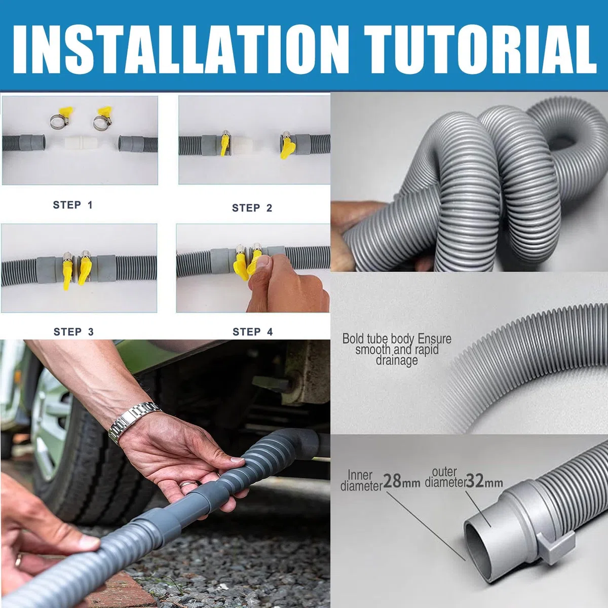 Accesorios Tuberías Residuos Caravana, Tubo Antifugas Autocaravana, Recambios Motorhome, Adaptador para Cámper y Remolques | Estanco y Compacto (8m)