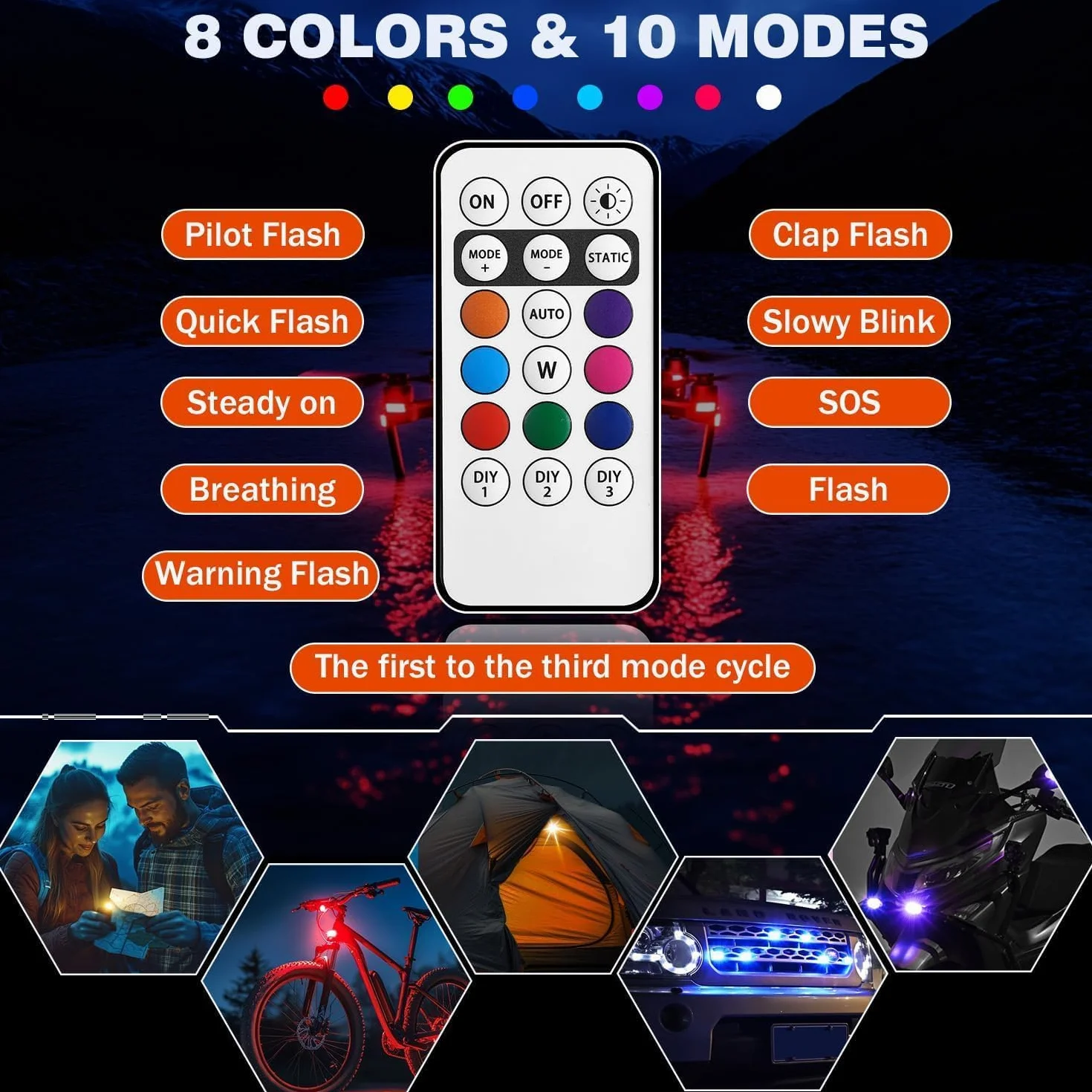 Pavlleen 6 luces LED estroboscópicas para coche, 8 colores, impermeables, anticolisión, con control remoto, luz estroboscópica para dron, carga USB, para dron, camión, motocicleta y bicicleta