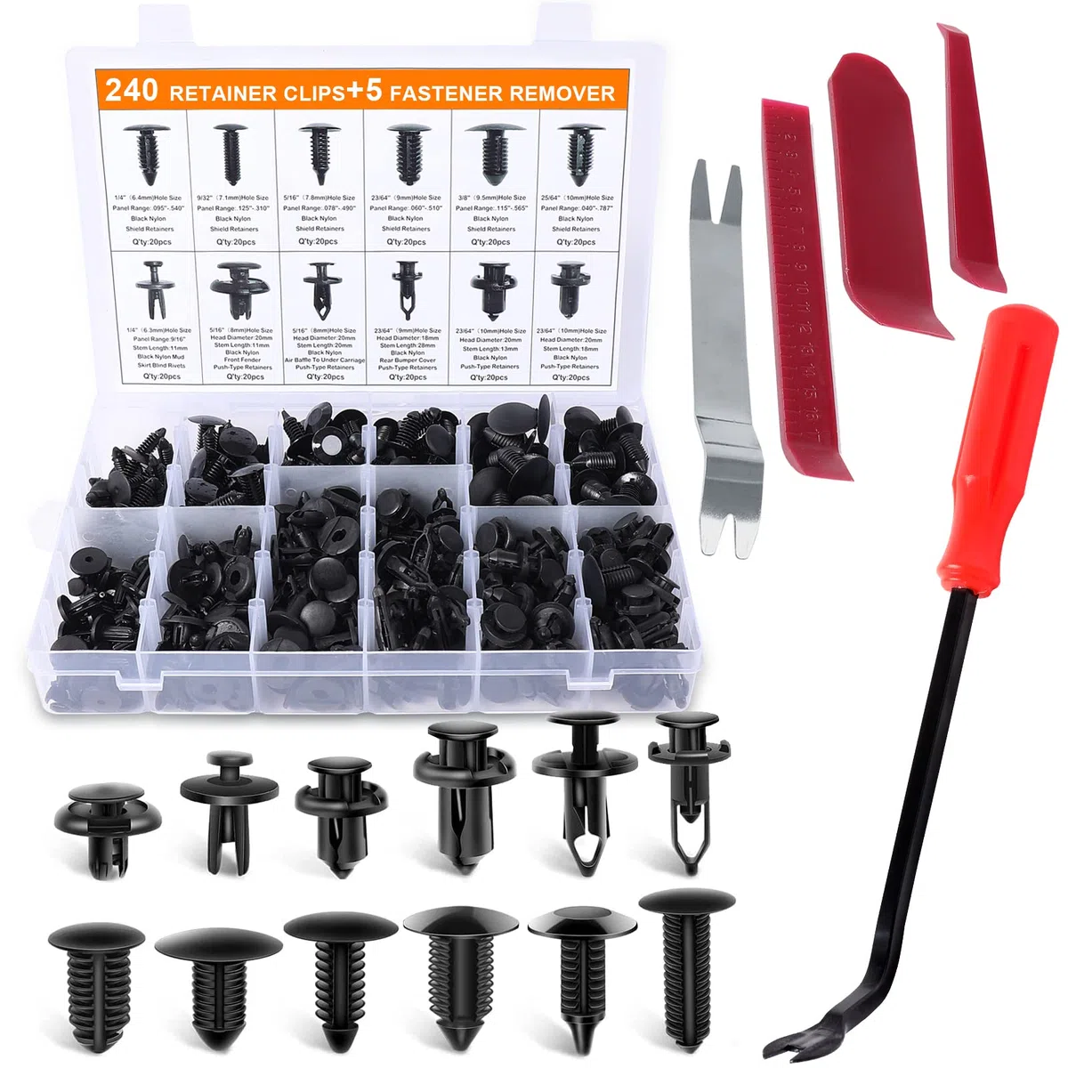 240PCS Remaches Plastico, Universales Grapas Coche 6 Tamaños Clips de Fijación para Coche Grapas Paneles de Puerta de Parachoques Fender con 5 Piezas Herramientas Desmontaje Coche