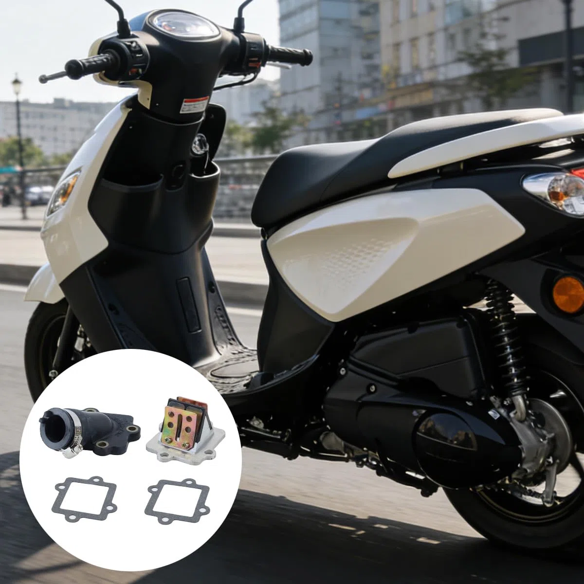 Colector de admisión y válvula de láminas para motocicleta, fabricado en aleación de aluminio y caucho. Compatible con motores JOG Vino BWS Minarelli de 2 tiempos de 49 cc y 50 cc.