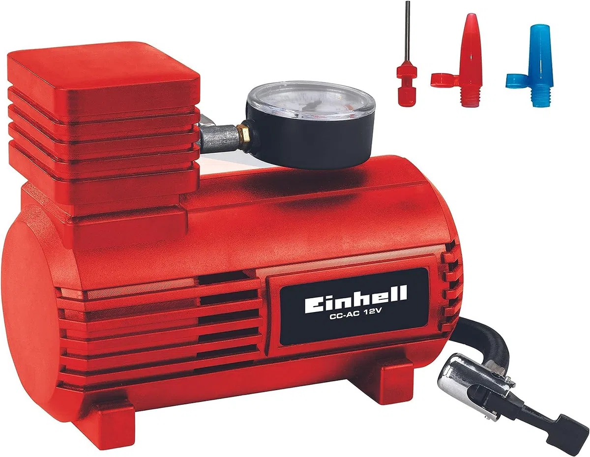 Einhell Compresor de aire para coche CC-AC 12V (manómetro de 18 bar máx., manguera de aire, 3 adaptadores de accesorios, cable de alimentación de 2,90 m con enchufe de encendedor de 12V)