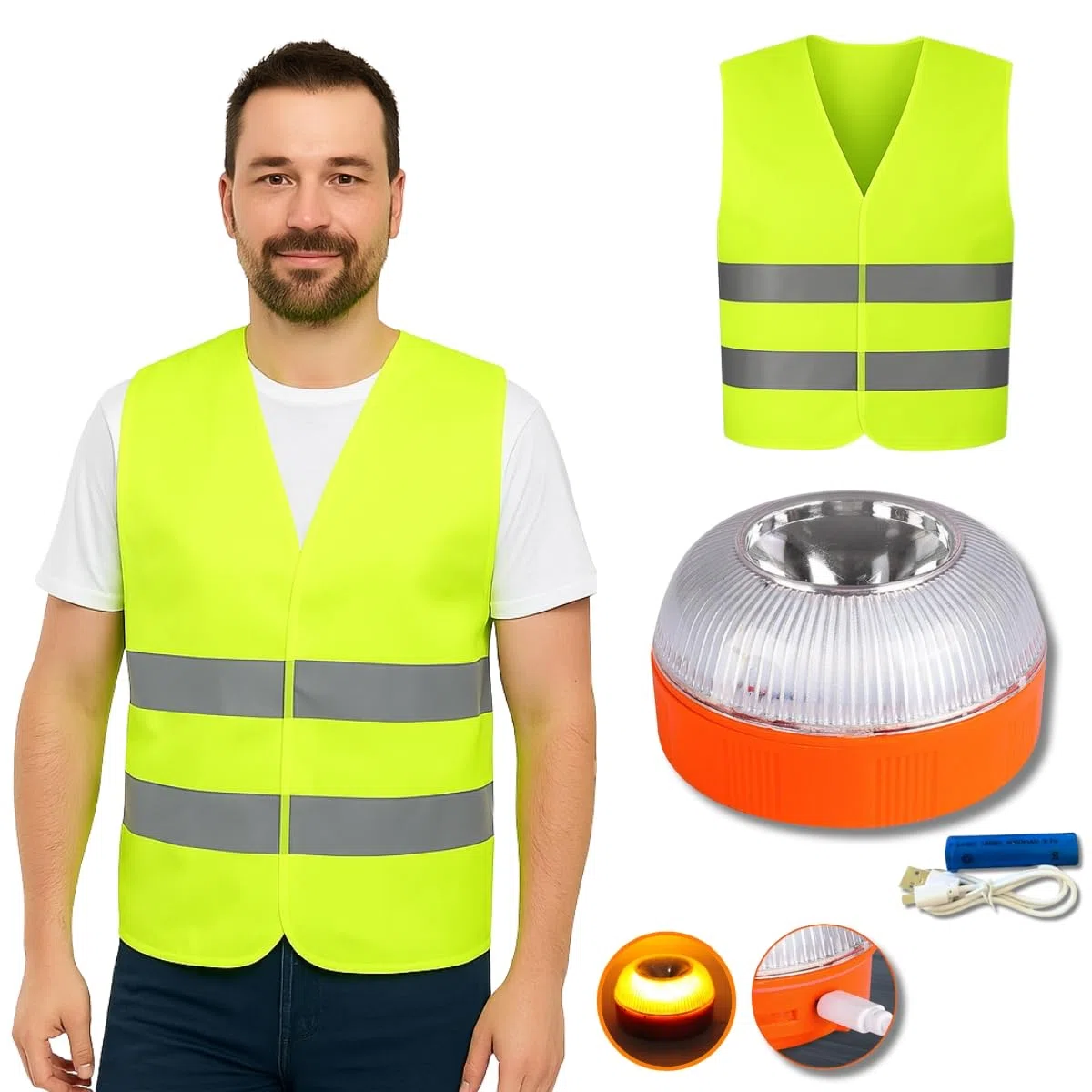 Kinka Modas Kit de Emergencia Vial con Luz LED Magnética Homologada (V16) y Chaleco Reflectante – Recomendado por la DGT – Apto para Coche, Moto, Camión, Autobús y Caravana