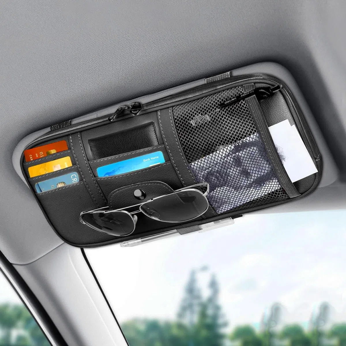 Linkstyle Organizador de Visera para Coche de Cuero PU, Soporte para Gafas, Bolsa Visera Parasol para Tarjetas Licencias Recibos Bolígrafos