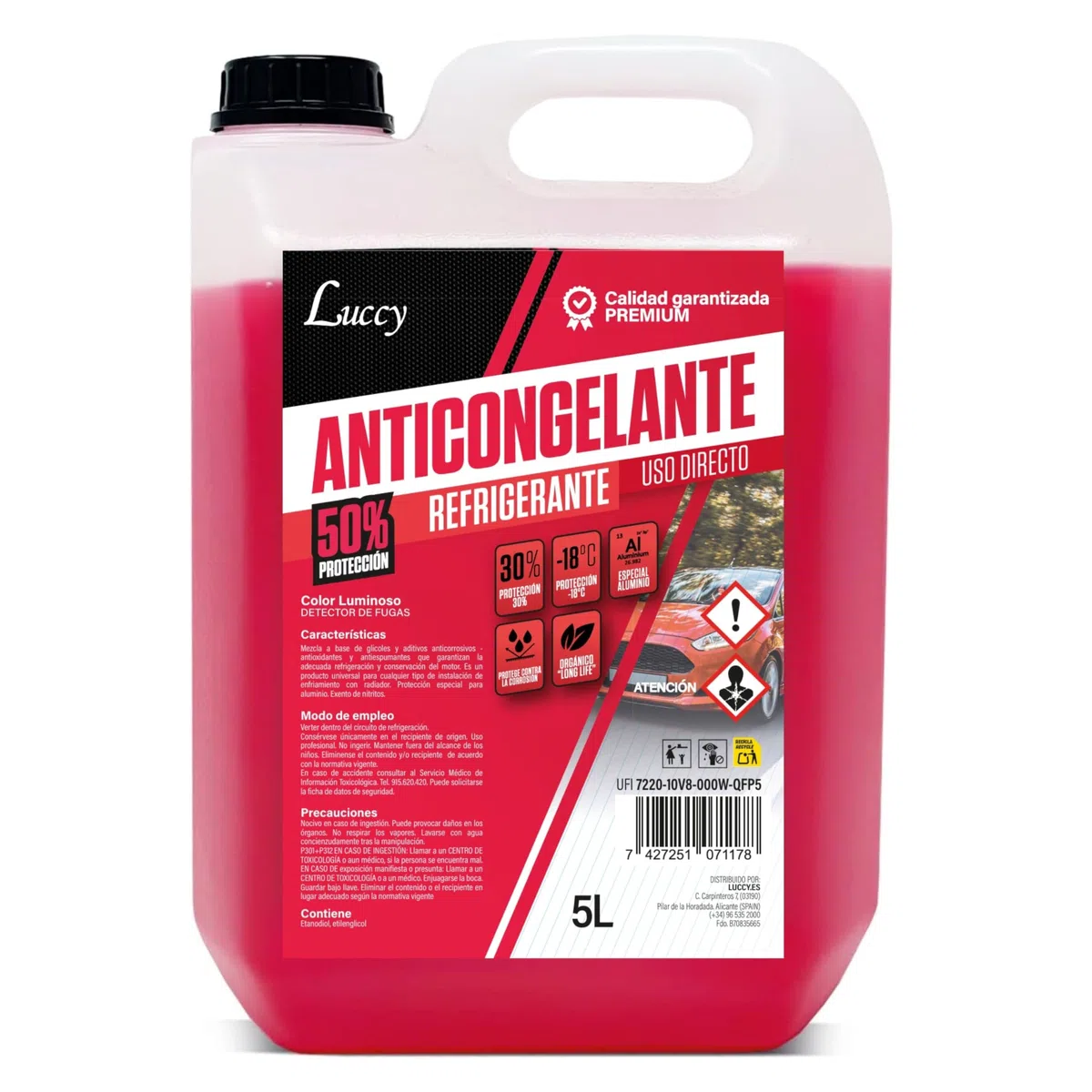 Anticongelante 50% 5 litros Rojo | Coche orgánico G12 Protección -37º | Fórmula Mejorada