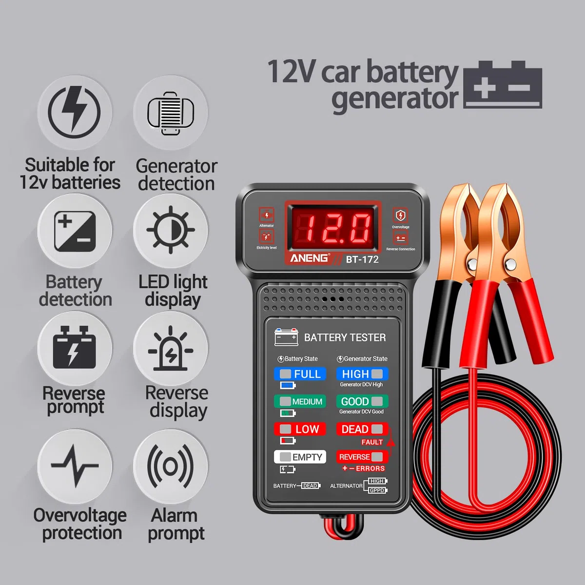 ANENG Comprobador de Batería de Coche,12V,Comprobador Digital de Batería de Coche,Analizador de Carga de Alternador con Pantalla LCD y LED,Indicador de Voltaje Para Coches y Herramientas Eléctricas