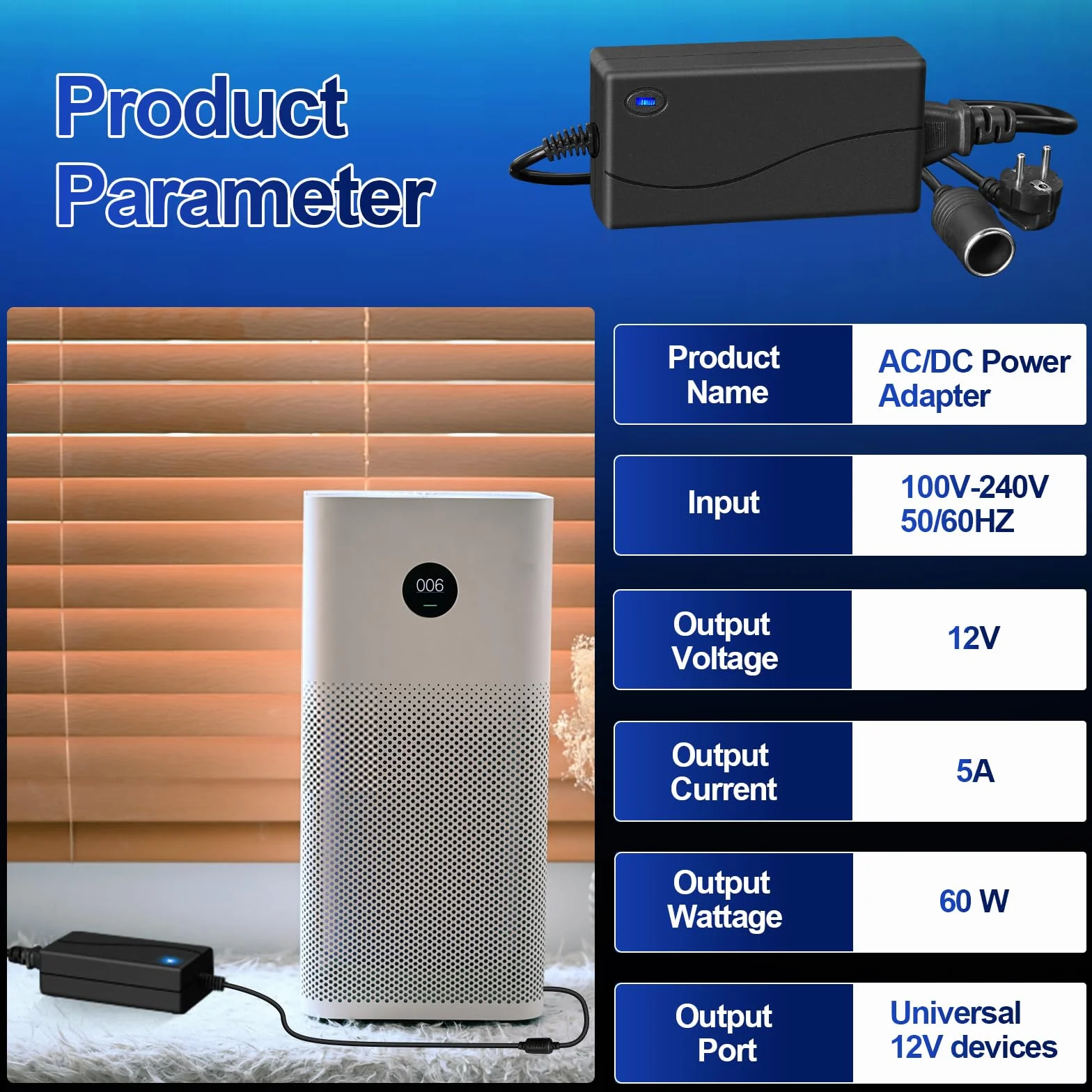 Transformador de tensión de 230 V a 12 V, Adaptador de alimentación para Coche, 5 A, 60 W, para Aspiradora de Coche, Compresores y Frigoríficos