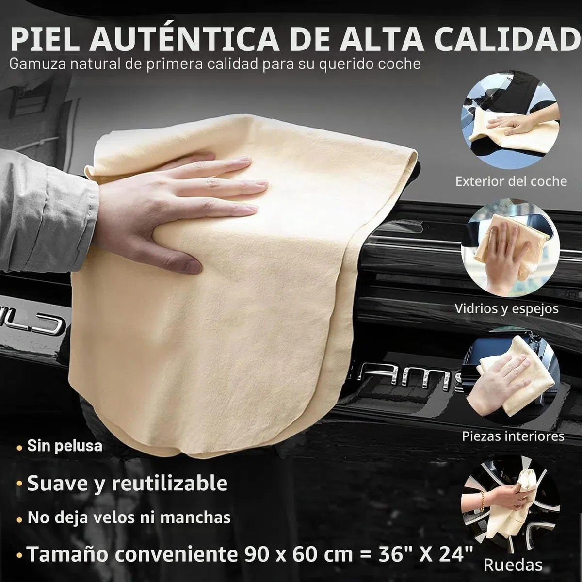 Airlab Grande Gamuza Coche Secado XXL/90x60 cm, Gamuza Piel Natural, Toalla de Cuero, Trapos Limpieza Sin Pelusas & Sin Rayones, Paños de Bayeta Balletas para Moto, Vehículos, Cristales, Ventanas